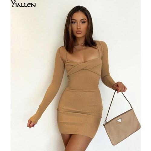 YiAllen Autumn Long Sleeve Solid Rib Knit 2 Piece Strap Dress 2021 New For Women Simple Casual Office Lady Streetwear Slim Dress