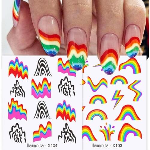 Harunouta 4pcs Rainbow Wave Line Geometry Water Decals Stickers Flower Leaves Slider For Nails Summer Autumn Nail Art Decoration