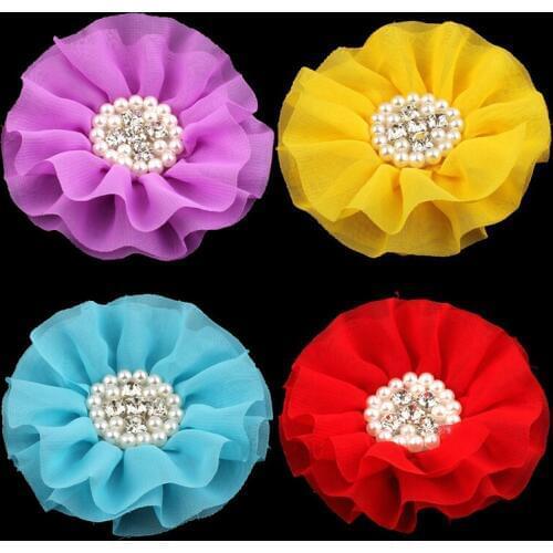 50pcs/lot 4" 15colors Big Chiffon Flower+Rhinestone Pearl Button For Hair Accessories Artificial Fabric Flowers For Headbands