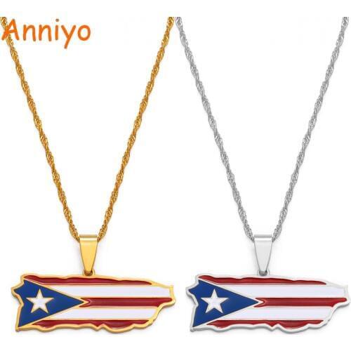 Anniyo Puerto Rico Map and Colored Flag Pendant Necklaces Gold Color PR Puerto Ricans Jewelry Gifts #136721