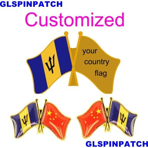 Barbados Crossed Friendship Flag Double Country lapel pin Brooch USA UK France Chile Russia Saudi Arabia Japan Spain Badge