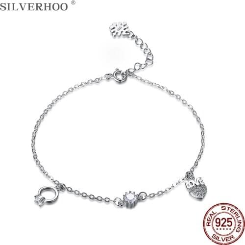 SILVERHOO Genuine 925 Sterling Silver Romantic Heart & Small Ring Charm Bracelet For Women Shiny CZ Love Bracelets Fine Jewelry