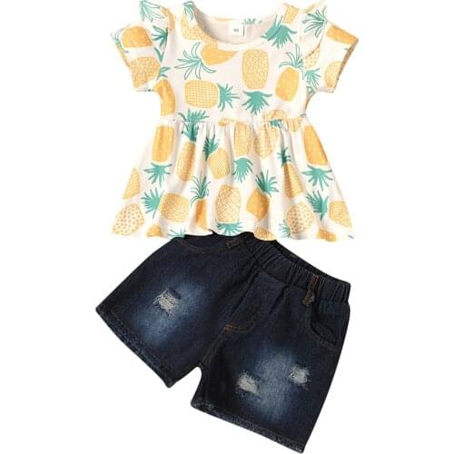 Citgeett Summer Kids Baby Girls 2-piece Outfit Set Short Sleeve Floral Print Pineapple Print Tops+Denim Shorts Set Clothes