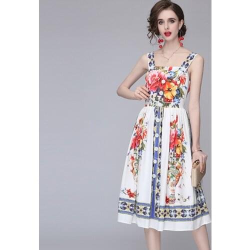 Newest 2021 Summer Fashion Single-Breasted Spaghetti Strap Elegant Flowers Print Casual Beach Midi Dress Vestidos
