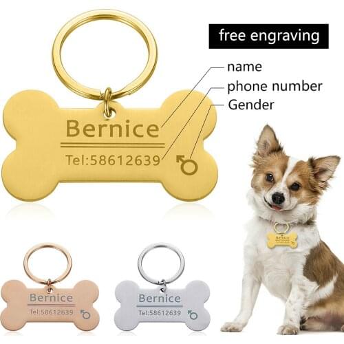 Personalized Pet ID Tags Charm Pet Name Pendant Bone Necklace Engraved Tel Sex Name Tag Collar Puppy Cat Collar Accessory