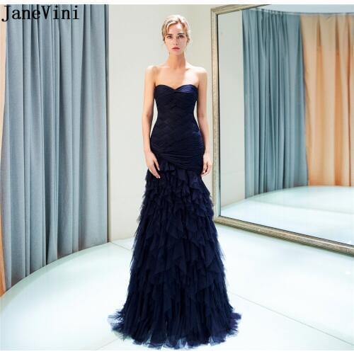 JaneVini Vintage Navy Blue Long Bridesmaid Dresses Mermaid Ruffles Sweetheart Tulle Formal Party Gowns Robe Pour Mariage 2018