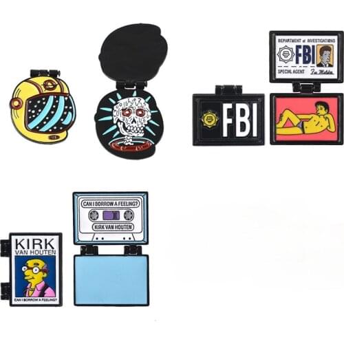 Flip Cover Collection Enamel Pins Skeleton Coffin Brooches Bag Clothes Lapel Pin Tape FBI Punk Cool Fashion Jewelry for Friends