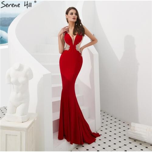 Red Deep-V Sexy Crystal Prom Dresses 2020 Sleeveless Illusion Back Prom Party Gowns Serene HILL LA6680