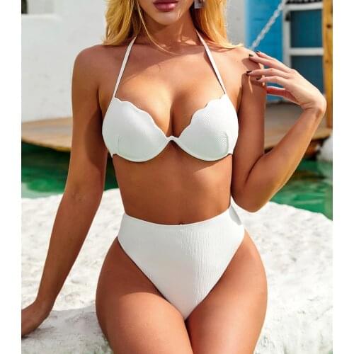 Sexy Solid White Swimwear Women High Cut Push Up High Waist Bikini 2020 Female Bathing Suit Shell Swimsuit Maillot De Bain Femme