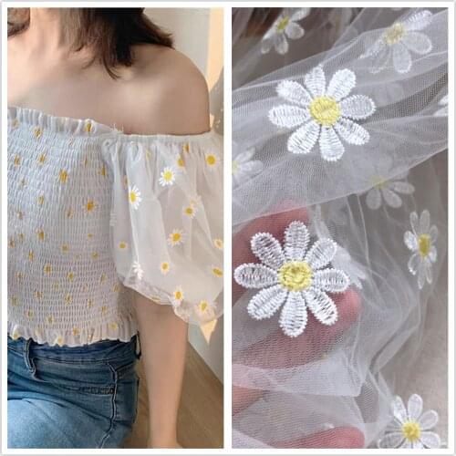 Soft Embroidery Daisy Floral Tulle Mesh Fabric White / Pink For DIY Sewing Curtain Wedding Dress Veil Baby Dress Fabric 2 Yards