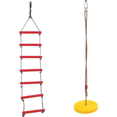 Pack of 2 Outdoor Tree Hanging Swing Rope with Base and 6 Rungs Ladder Playground Toy Set for Kids