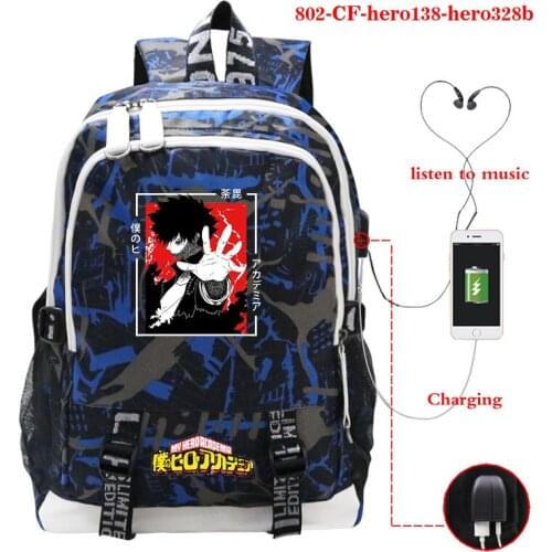 New My Hero Academia Katsuki Backpack for Teenager Students Mens USB Charging Travel Backpack Boys Girls Anime Schoolbag Mochila