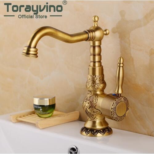 Bathroom Faucet Antique Brass Deck Mounted Basin Water Faucet With Single Handle One Hot And Cold Water Carved Bathroom Faucets