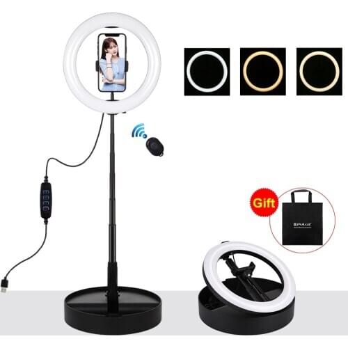 PULUZ 10.2 inch 26cm USB 3 Modes Dimmable Dual Color Temperature LED Curved Ring Selfie Photography Video Lights +Folding Holder