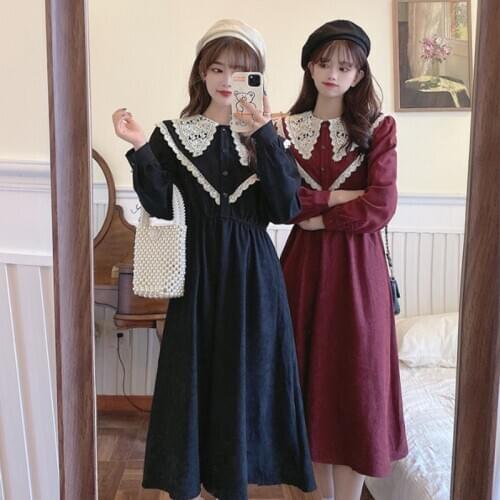 Japanese Style Doll Collar Waist Slimming Corduroy Long-Sleeved Dress Womens Autumn Winter kawaii clothing sweet Lolita dress