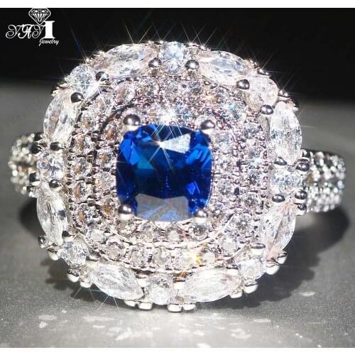 YaYI Jewelry Fashion Princess Cut Prong Setting Blue Cubic Zirconia Silver Color Engagement Wedding Party Leaves Gift Rings