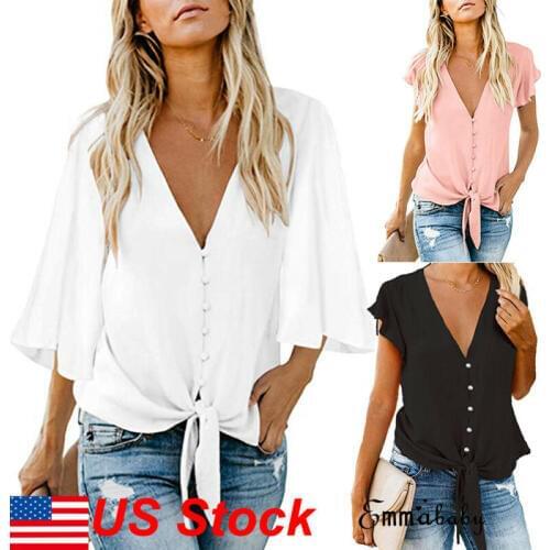 Plus Size Womens T-Shirt Deep V-Neck Ruffle Sleeve Tunic Loose Shirts Top