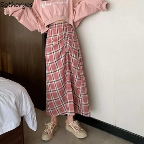 Women Midi Skirts Plaid Elegant Temperament Simple Shirring Designed Classic All-match Ulzzang Sweet Lovely Retro Students Daily