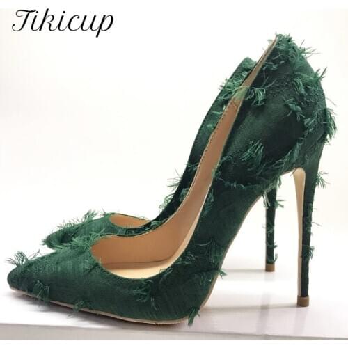 Tikicup Green Tassel Distressed Fabric Stiletto High Heels Fashion Designer Chic Ladies Sexy Pumps Pointy Dress Shoes Size 43 44