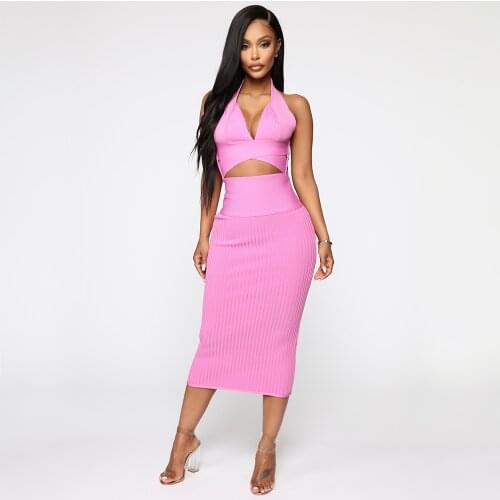 2019 New Fashion Women Skirts Mid Calf 2 Pieces Set Party Elegant Bandage Tops and Skirts Crop Tops Tank Halter V Neck Pink Sets