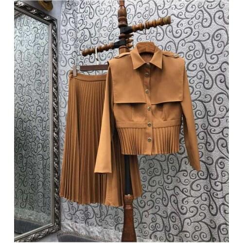 High Quality Jacket Sets 2021 Autumn Winter Skirt Suit Women Cape Poncho Style Coat Jacket+Mid-Calf Pleated Skirt Sets Female