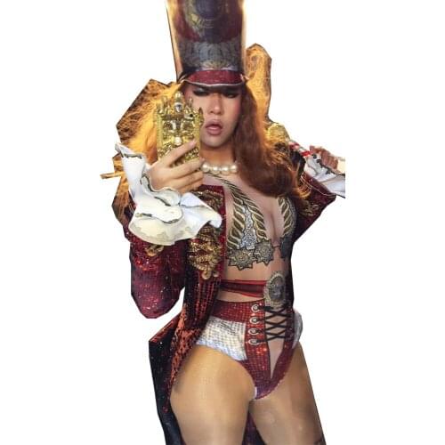 Personality Pattern Printing Sparkling Rhinestones Four-Piece Suit Diamonds Cane Festival Party Performance Costume Ladies