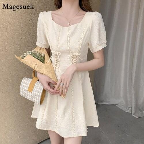 Fashion Elegant Square Collar Woman Dress Summer Robes Vintage A Line Puff Sleeve Mini Dress Women Bandage Party Dresses 14890