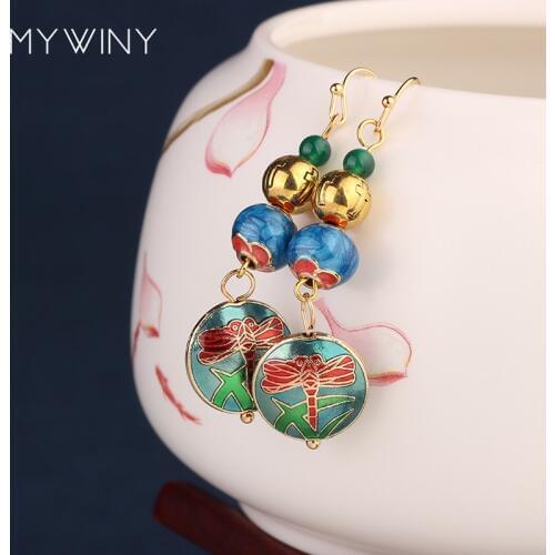 3 colors NEW MYWINY fashion Copper colorful jewelry vintage earrings ,Chinese wind enamel cloisonne dragonfly earrings