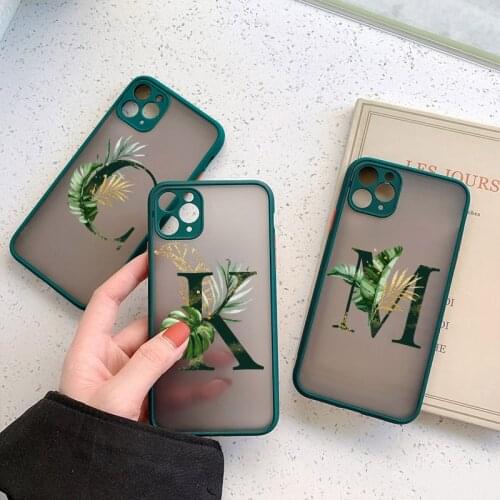 Initial Letter A Z Phone Case For iPhone 12 Mini 11 Pro Max for 6s 8 7 Plus SE 2020 X XR XS Max Leaves Hard Alphabet Green Cover
