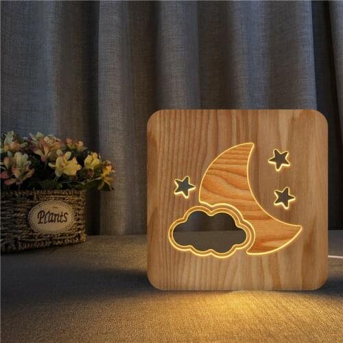 Wooden Moon Star Cloud 3D LED Lamp USB Powered Desk Lights for Baby Warm White Sleeping Night Holiday Home Decor Gift