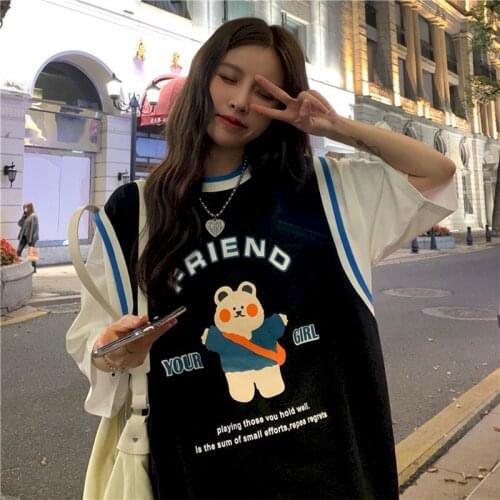 2021 Summer New Womens T-shirt Fake Two-piece Short Sleeve Tshirt Korean Loose Student Short-sleeved Ins Tide Top Kawaii Clothes