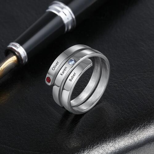 Personalized Stainless Steel Engraved Name Rings With 3 Birthstones for Mom Women Customized Family Rings Anniversary Gift