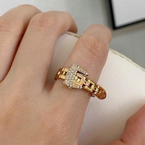 Adjustable Belt Buckle Zircon Rings Detachable Metal Soft Chain Ring Luxury Statement Finger Rings for Women Men Jewelry Gifts