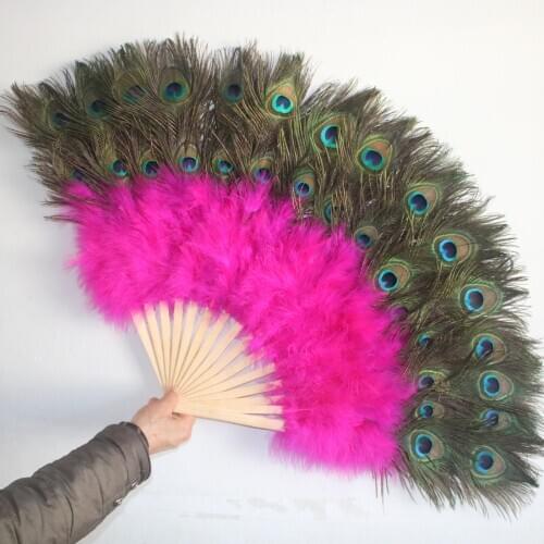 Wholesale 15 Bones Beautiful Rose Peacock Feathers Fan Party Wedding Performance Props Ostrich Feather Fan Plume