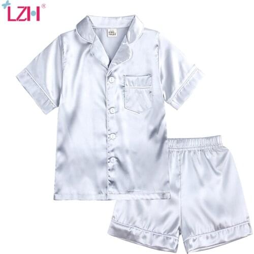 LZH Girls Pajamas Set Summer Short Sleeve Children Sleepwear Set Fake Silk Pajamas Boy Pyjamas Sets for Kids Home Wear Clothing