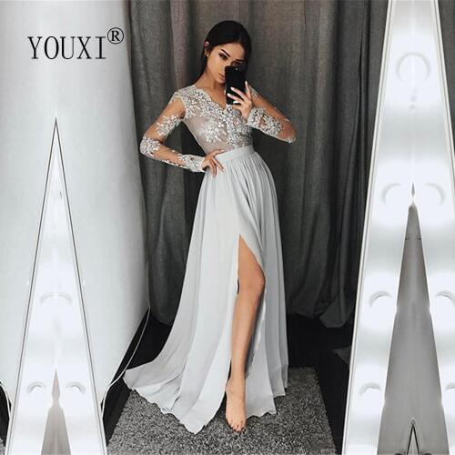 Sexy Silver Prom Dresses Long 2020 V Neck Right Split Chiffon Appliqued Lace Beaded Formal Party Gowns with Long Sleeve