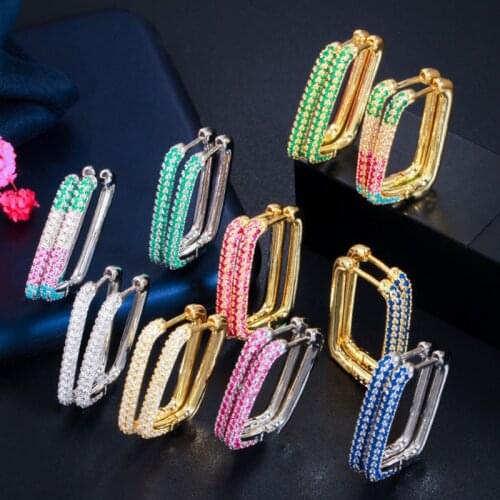 Zlxgirl Unique Design Rectangular Geometric Gold Color Green Blue Colorful Cubic Zirconia Big Huggie Hoop Earrings for Women VAZ