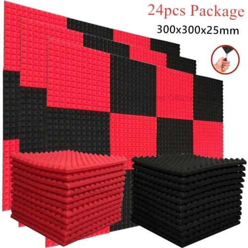 24PCS 300x300x25mm Studio Acoustic Foam High Density Flame Retardant Soundproofing Protective Sponge Absorption Pyramid Panels