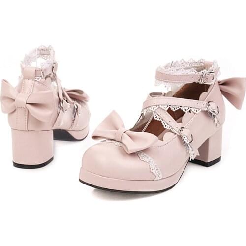 Cute Lolita Shoes Black Mary Jane Shoes for Women High Heels Platform Pumps Block Heels Cosplay Shoes Kawaii Woman Pink White