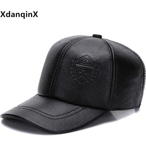 XdanqinX 2021 Spring New Natural Leather Cap Cowhide Baseball Cap For Men Snapback Hat Adjustable Size Mens Leather Black Caps