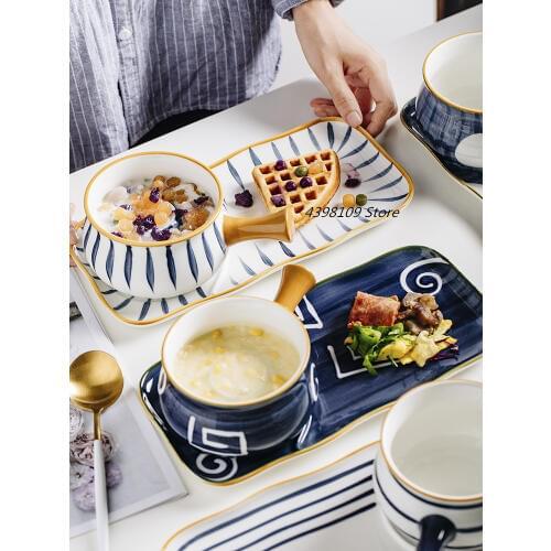 Japanese breakfast plate dessert bowl geometric striped ceramic tableware bread plate dinner steak dish restaurant service plate