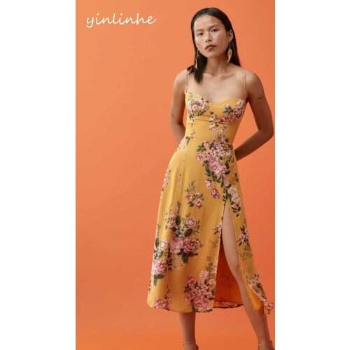 Yinlinhe High Waist Slim Long Dress Women Split Summer Dress Backless French Yellow Elastic Heart Collar Sexy Dresses Party 2163