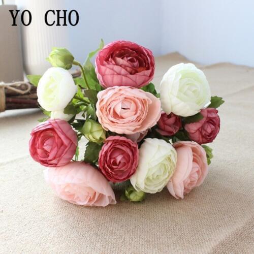 YO CHO 10 Heads Mini Silk Tea Rose Artificial Flower Wedding Bride Hand Bouquet Silk Fake Flower Pink White Home Vase Decoration