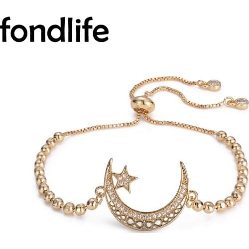 AAA Cubic Zirconia Stones Moon And Star Charm Bracelet Women Lady Graceful Copper Beads Chain Adjustable Simple Jewelry Present