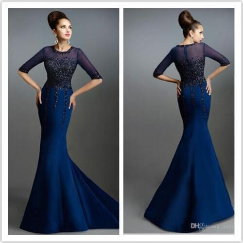 2016 Royal Blue Half Sleeves Jewel O Neck Mermaid Evening Dress Vestidos Beaded Mother of the Bride Dress with 1/2 Sleeves