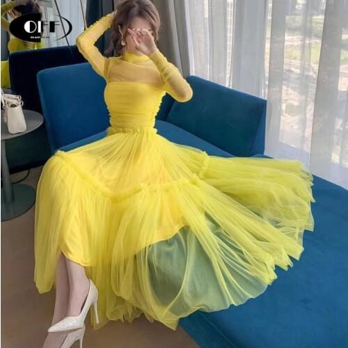 Autumn Spring Evening Party Dress Elegant Yellow Mesh Yarn Temperament Cake Layer Slim Ruffles Sexy Long Dresses Vestidos Robes