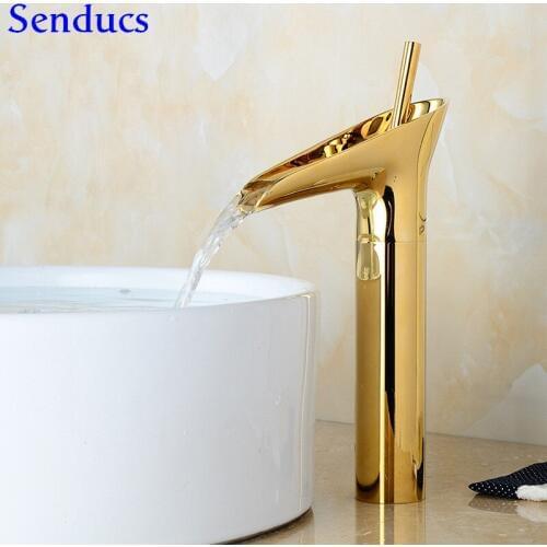 Senducs Gold Bathroom Waterfall Contemporary Brass Bathroom Gold Basin Sink Faucet Deck Mounted Hot Cold Gold Bathroom Faucet