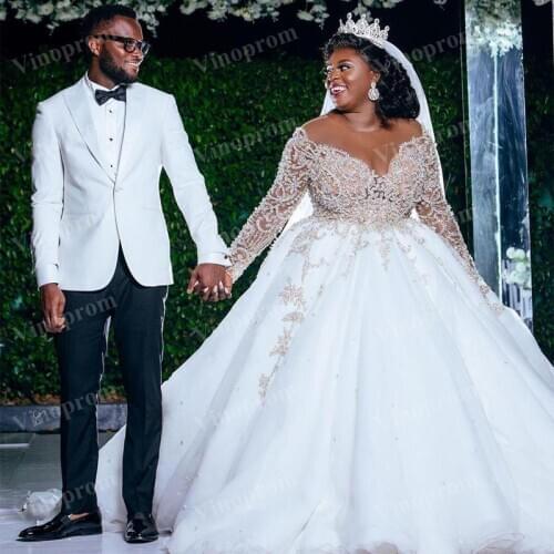 White Plus Size Wedding Dresses African Women Beaded Long Sleeves Crystal Sheer Jewel See Though Top Bridal Dress Custom Party
