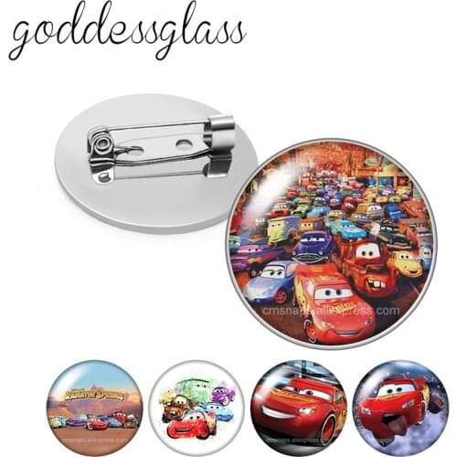 Disney Pixar McQueen Mater Jackson Matt Round Glass cabochon Silver color Brooch Dome Photo Jewelry Brooches Pin For Gift