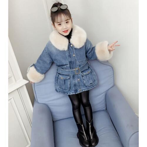 Childrens clothes girl long - style denim coat thick cotton-padded jacket 2-14 years old